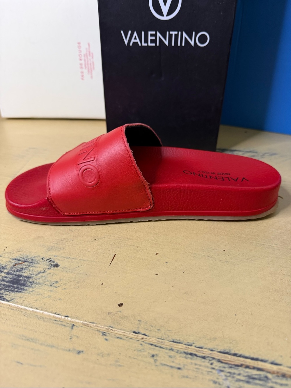 Valentino Red Embossed Logo Slide Sandals - Picture 5 of 9